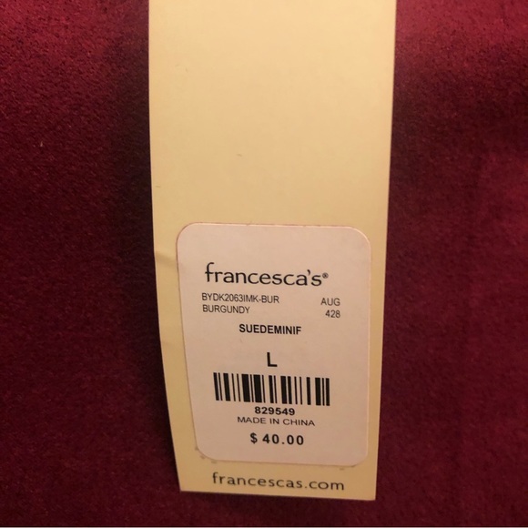 Maroon/Burgundy suede-like mini skirt. New with tags. Size Large. - Picture 2 of 7